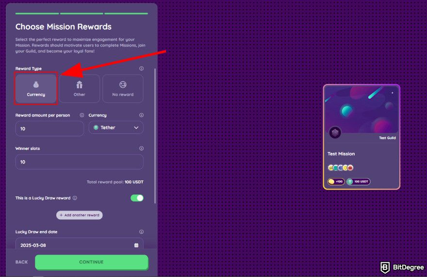 How to create a quiz: pick currency as reward.