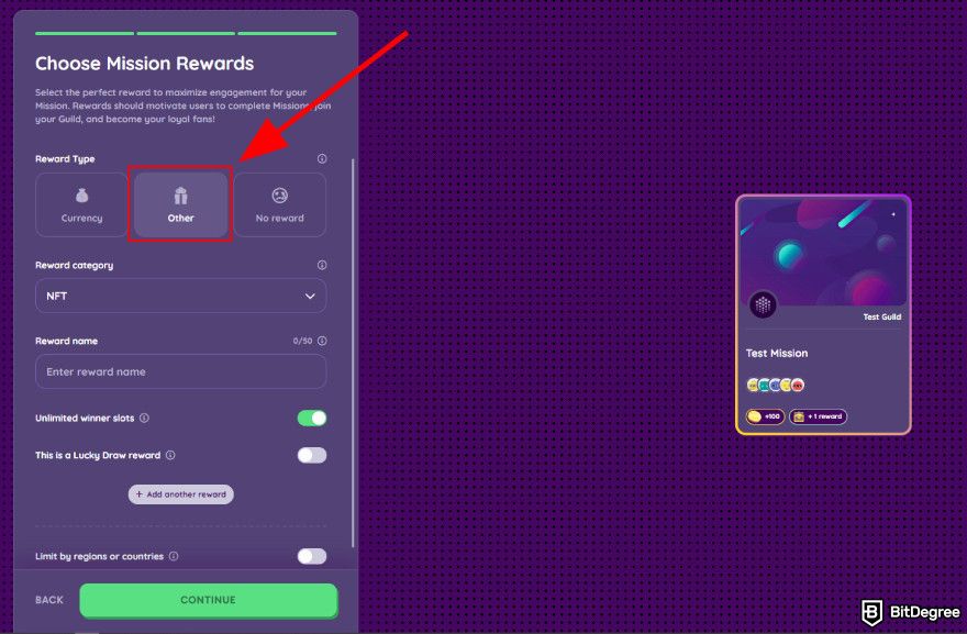 How to create a quiz: select other as reward.