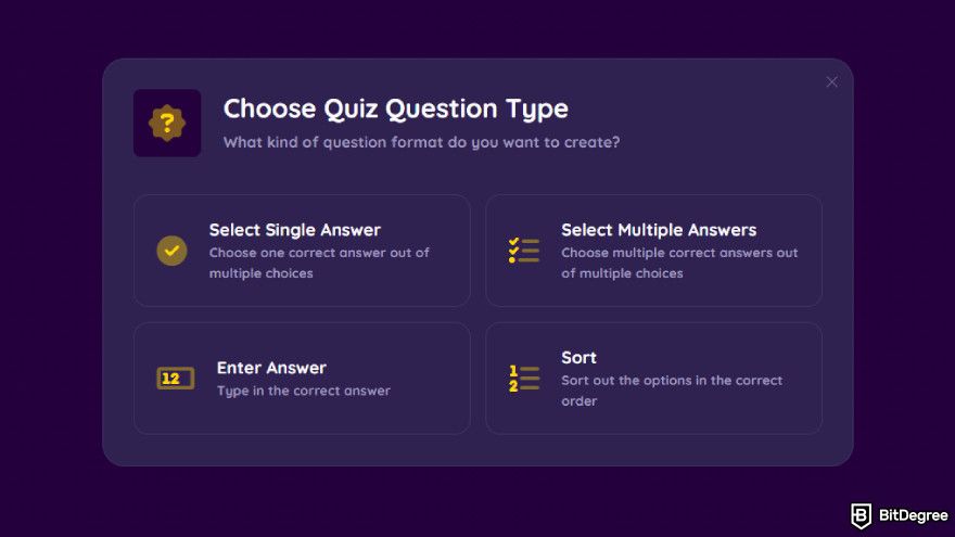 How to create a quiz: choose quiz question type.