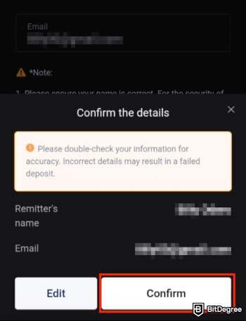 How to deposit money into crypto exchange: the confirmation message when depositing on the BTCC app. How to deposit money into crypto exchange: the confirmation message when depositing on the BTCC app.
