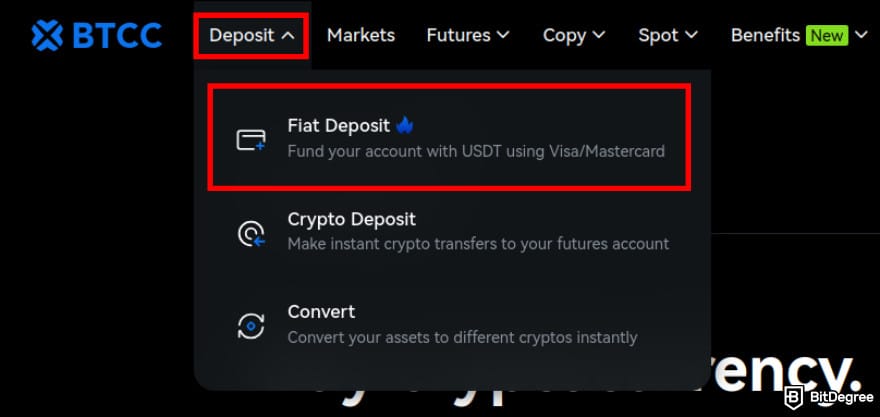 How to deposit money into crypto exchange: the fiat deposit menu on BTCC homepage. How to deposit money into crypto exchange: the fiat deposit menu on BTCC homepage.