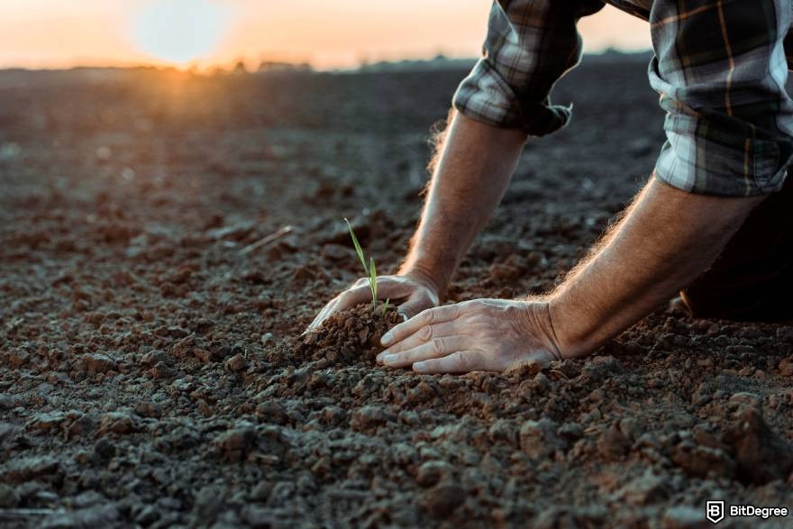 How to earn Ethereum: a farmer planting seed in soil.