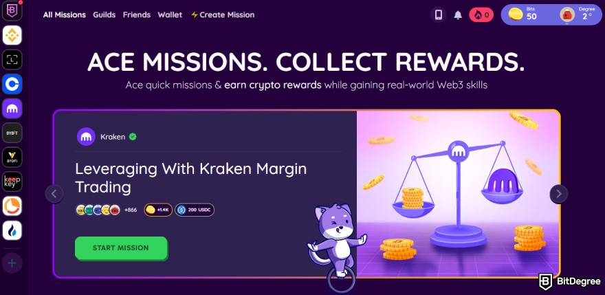 How to earn Ethereum: BitDegree Missions page.