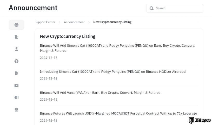 How to find meme coins early: Binance's "New Cryptocurrency Listing" page.