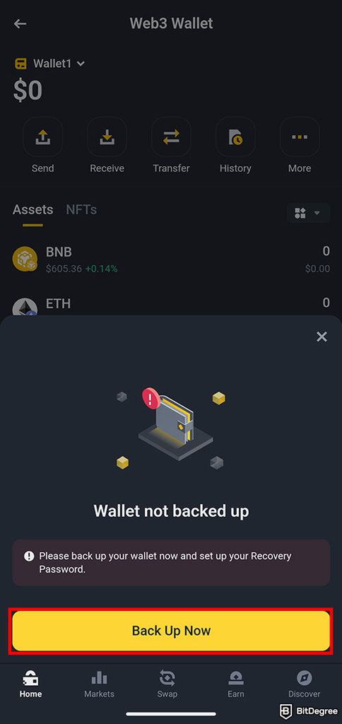 How to get a crypto wallet: Back up wallet on the Binance App.