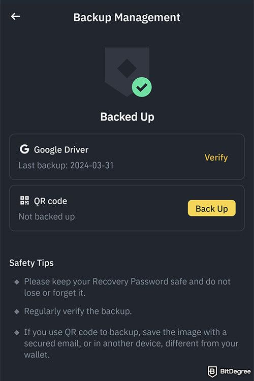 How to get a crypto wallet: Backup management page.