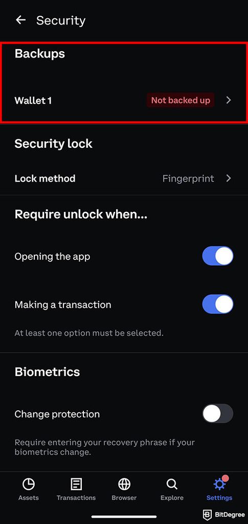 How to get a crypto wallet: Security page on the Coinbase Wallet app.