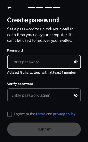 BNB testnet faucet: creating a password on Coinbase Wallet.