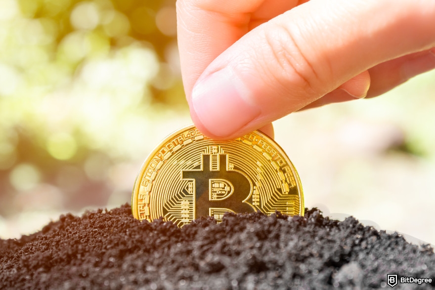 How to get crypto airdrops: a person burying a Bitcoin in the ground.