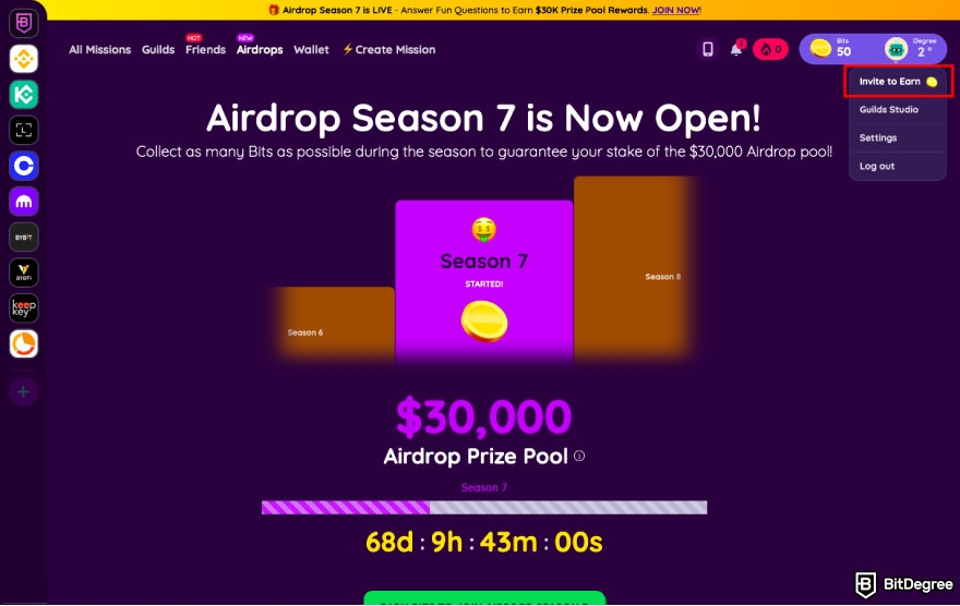 How to get crypto airdrops: click Invite to Earn.