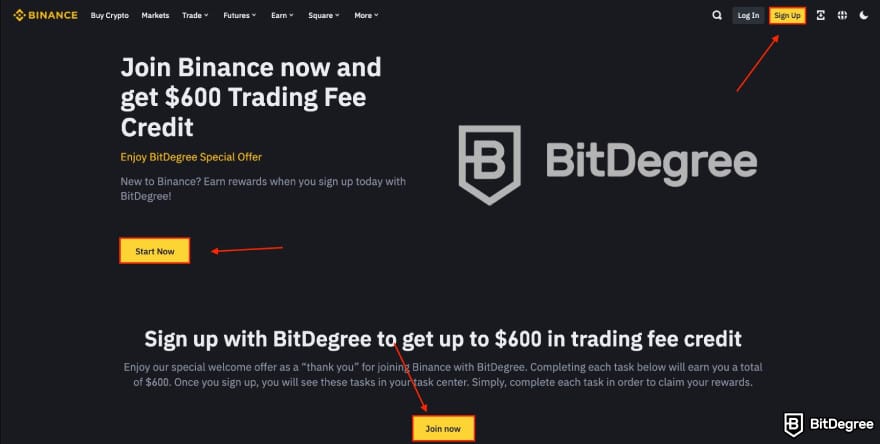 How to get into crypto: three different arrows pointing to Binance's sign up buttons.