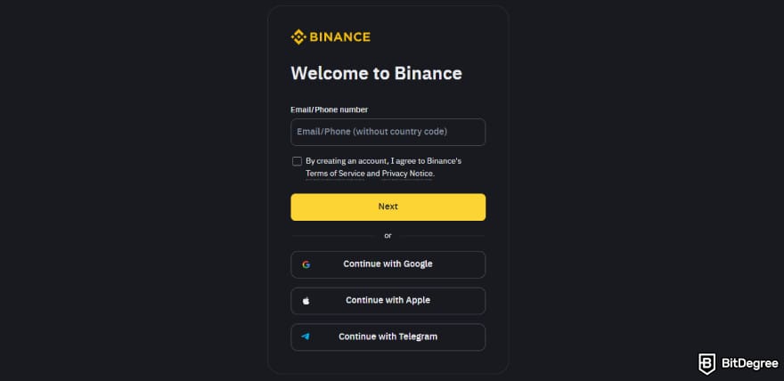 How to get into crypto: Binance sign up page.