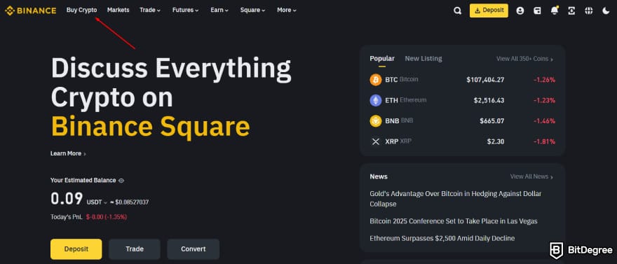 How to get into crypto: a red arrow pointing to the Buy Crypto button on Binance.