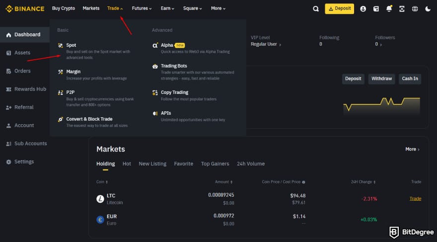 How to get into crypto: one red arrow pointing to trade, another to spot.
