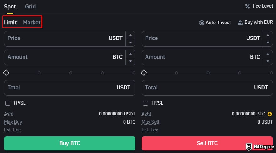 How to get into crypto: a red outline around the limit and market options.