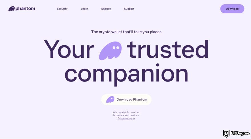 How to get Phantom airdrop: a screenshot of Phantom Wallet's landing page.