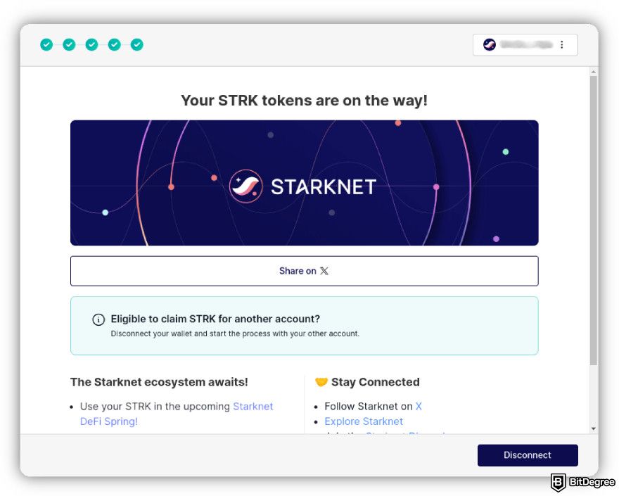 How to get Starknet airdrop: Starknet airdrop claim completed.