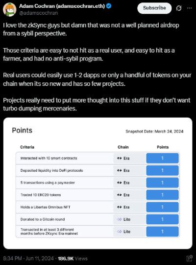 How to get ZKsync airdrop: Adam Cochran's post on X.