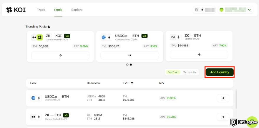 How to get ZKsync airdrop: Koi Finance's [Add Liquidity] button.