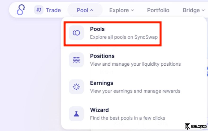 How to get ZKsync airdrop: SyncSwap's [Pools] menu.