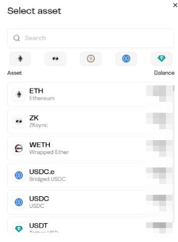 How to get ZKsync airdrop: Koi Finance's Select asset pop-up window.