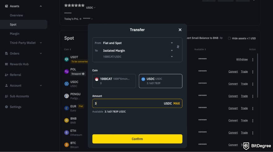 How to leverage trade crypto: click Confirm to transfer.
