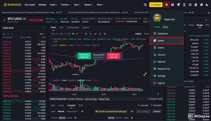 How to leverage trade crypto: navigate to Assets.