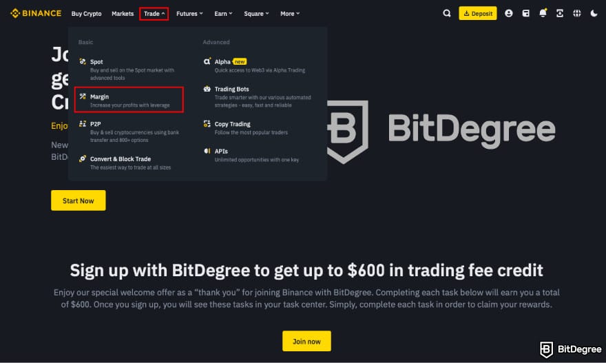 How to leverage trade crypto: navigate to Margin.