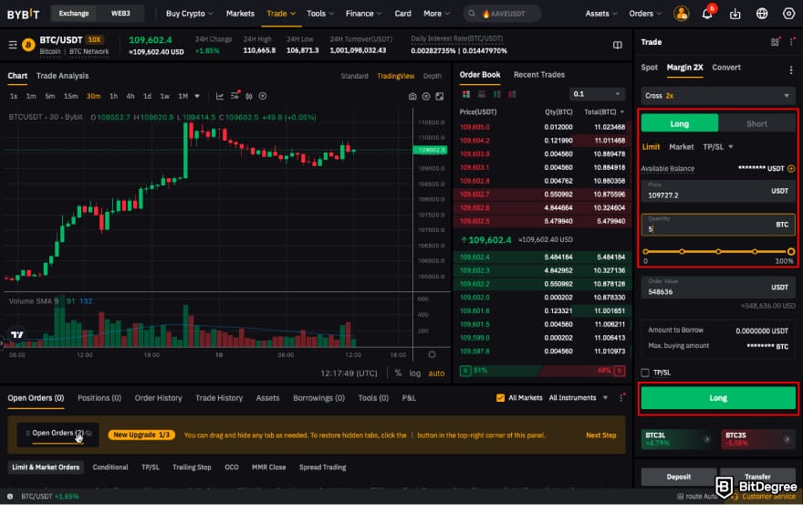 How to leverage trade crypto: enter the amount and click Long/Short.