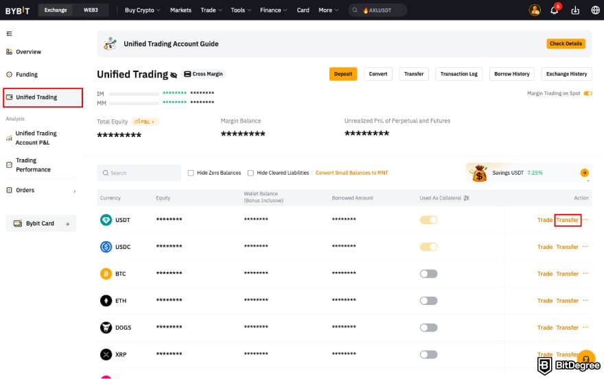 How to leverage trade crypto: click Transfer assets on Bybit.