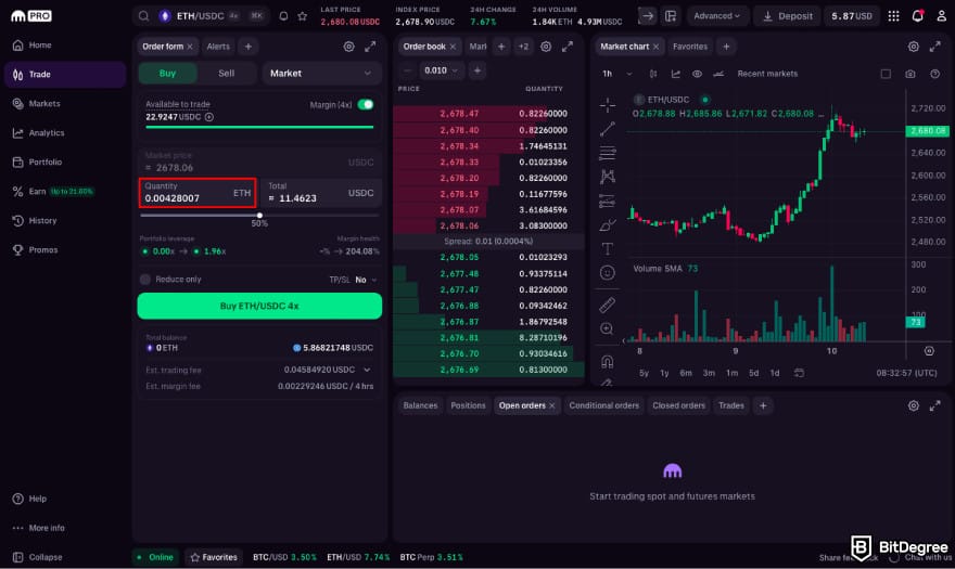 How to leverage trade crypto: enter the amount and click Buy.