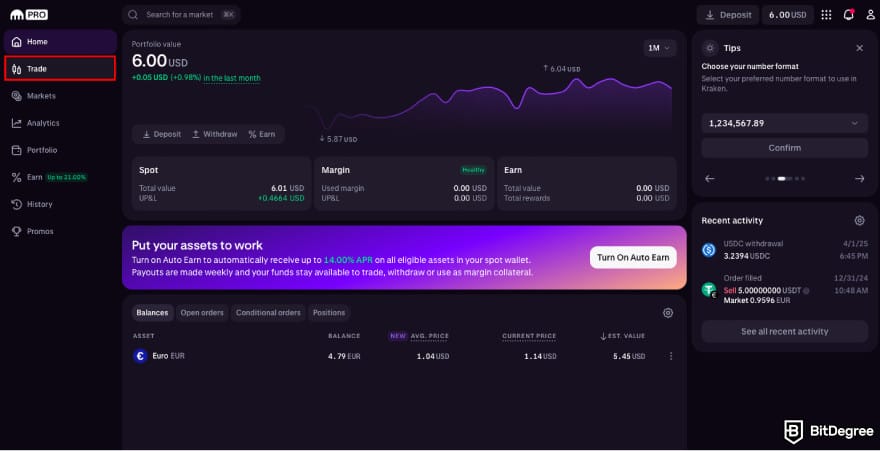 How to leverage trade crypto: click Trade on Kraken.