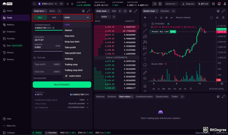 How to leverage trade crypto: select your order type.