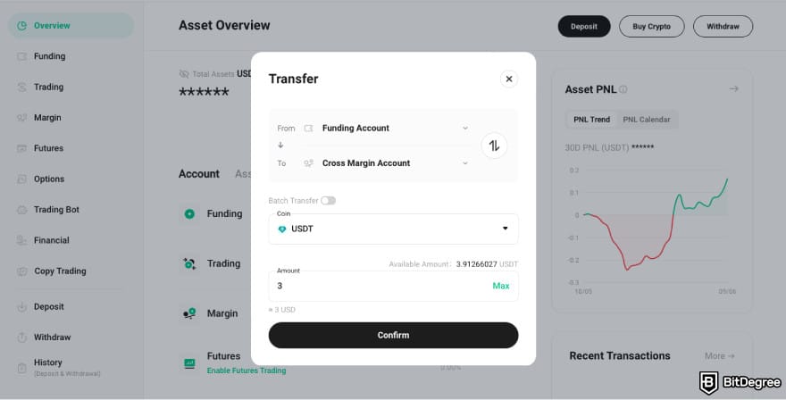 How to leverage trade crypto: confirm the asset transfer.