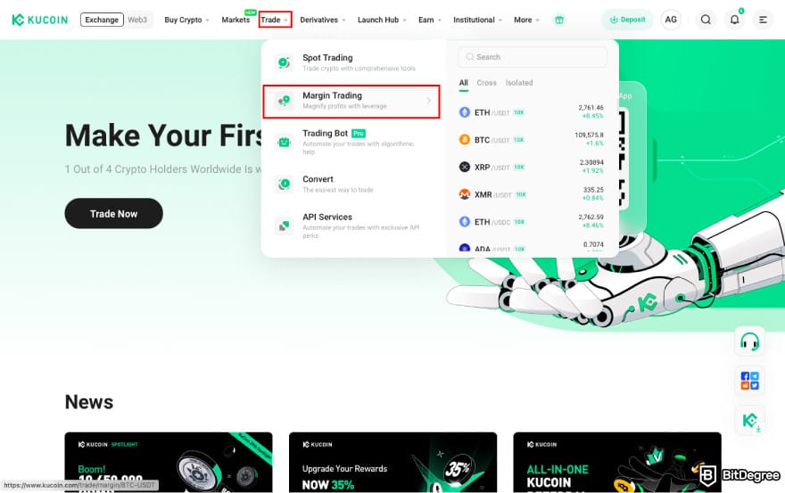 How to leverage trade crypto: navigate to Margin Trading on KuCoin.