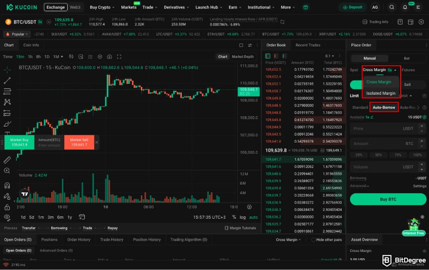 How to leverage trade crypto: choose the type of margin and click Auto-Borrow.