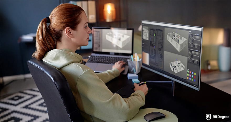 How to make a video game: designer working on a 3D model for a game.