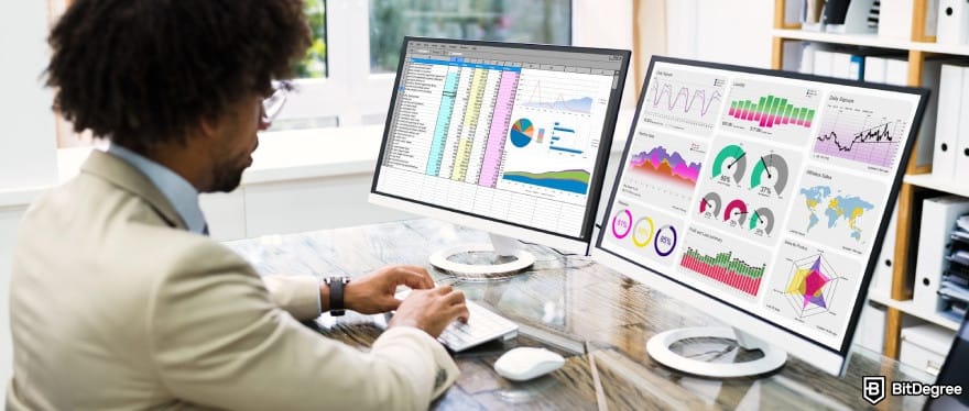 How to make a money online in Nigeria: a data analyst with charts and tables shown on two monitor screens.