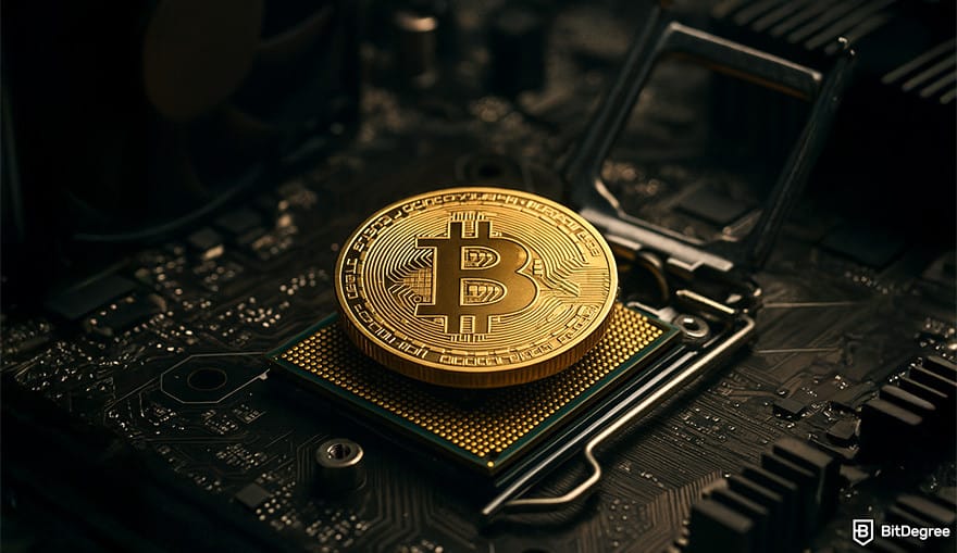 How to mine cryptocurrency: gold Bitcoin coin resting on a CPU socket on a computer motherboard.
