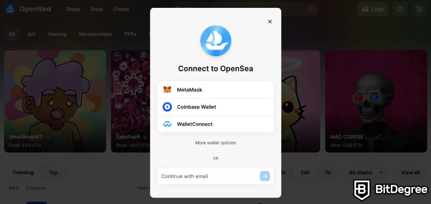 How to mint NFT for free: connecting your wallet on OpenSea.