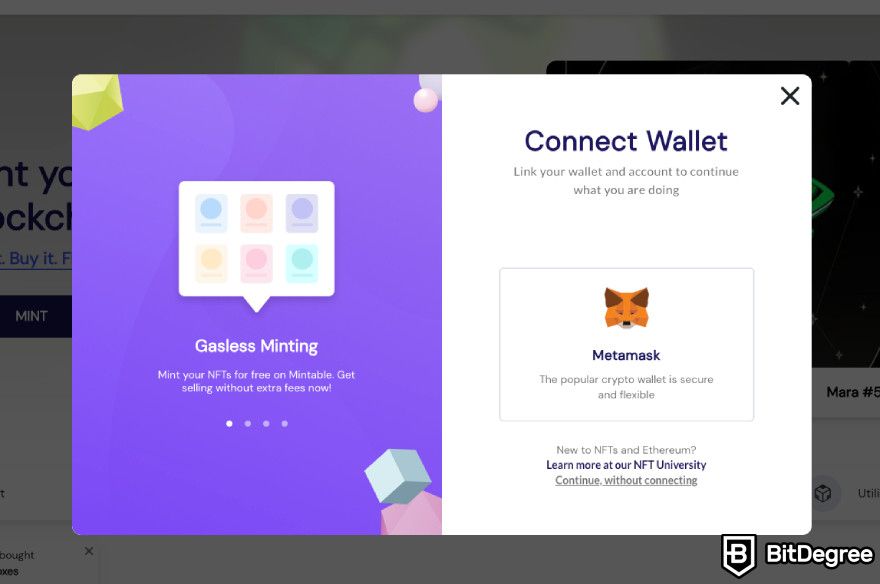 How to mint NFT for free: connect wallet on Mintable.