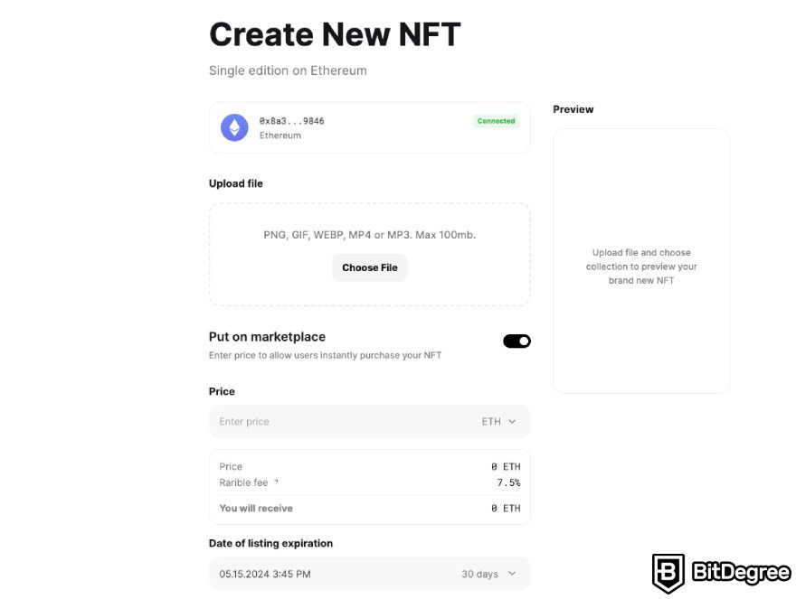 How to mint NFT for free: NFT creation window on Rarible.