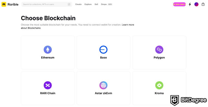 How to mint NFT for free: choosing a blockchain on Rarible.