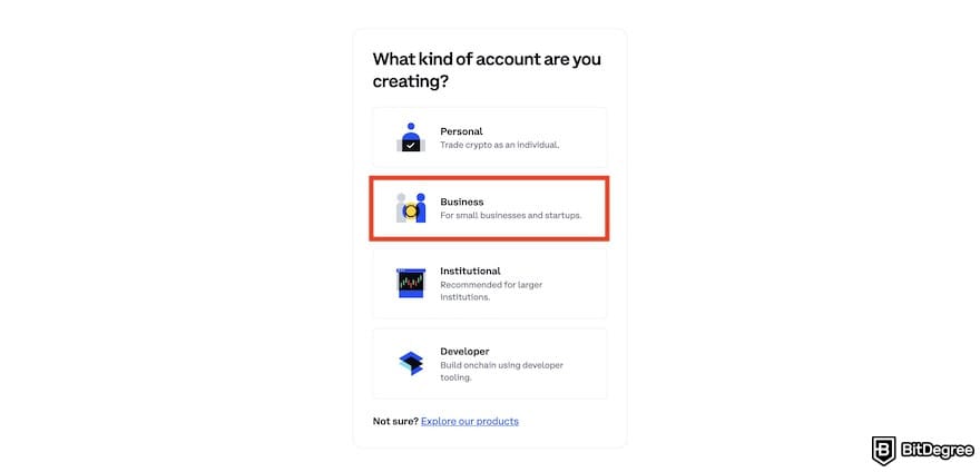 How to open a Coinbase Corporate account: the Business menu outlined on Coinbase's account type selection.