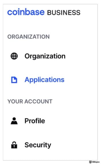How to open a Coinbase Corporate account: the Coinbase Business menu, with [Applications] selected.