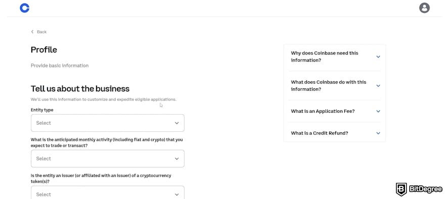 How to open a Coinbase Corporate account: the business profile form.