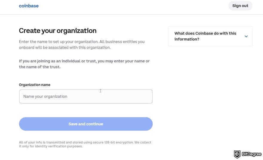 How to open a Coinbase Corporate account: organization name submission on Coinbase's website.