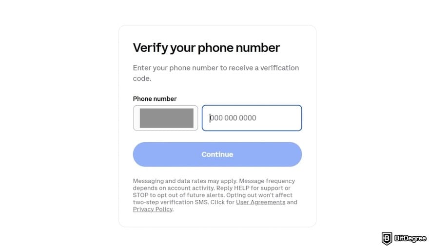 How to open a Coinbase Corporate account: phone number verification on the Coinbase website.
