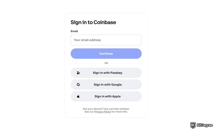 How to open a Coinbase Corporate account: the sign-in form on Coinbase's website.