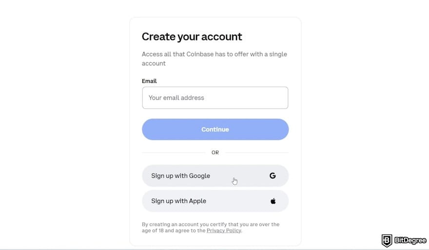 How to open a Coinbase Corporate account: the sign-up page on the Coinbase website.